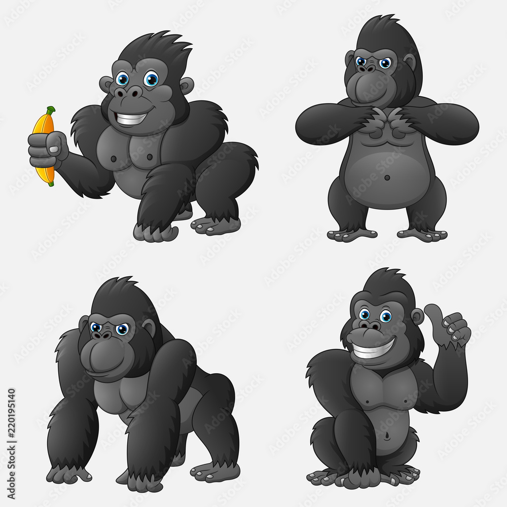 Naklejka premium Zestaw kreskówek goryl z różnymi pozami i wyrażeniami