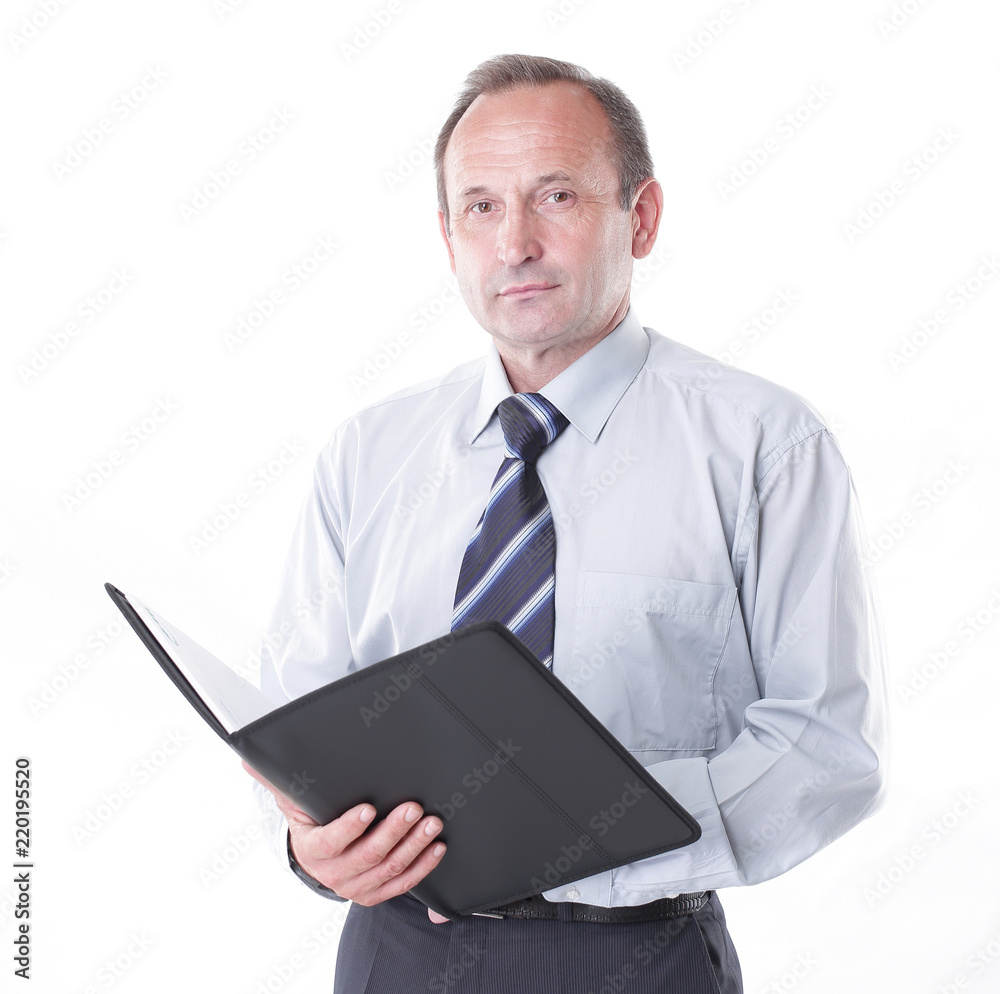 serious businessman with a clipboard.isolated on white