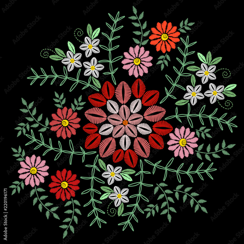 Embroidery stitches imitation with colorful flower, grass and green leaf Embroidery stitches imitation with colorful flower, grass and green leaf
