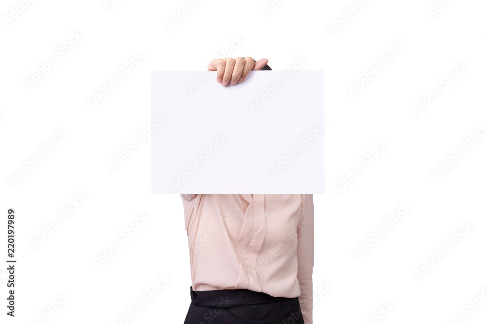 businesswoman holding blank white placard board paper sign with empty copy space isolated on white background with clipping path businesswoman holding blank white placard board paper sign with empty copy space isolated on white background with clipping path