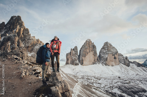 Holiday in South Tyrol. Happy beautiful couple traveling at the mountains Dolomites, Italy. Europe.