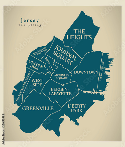 Modern City Map - Jersey New Jersey city of the USA with neighborhoods and titles