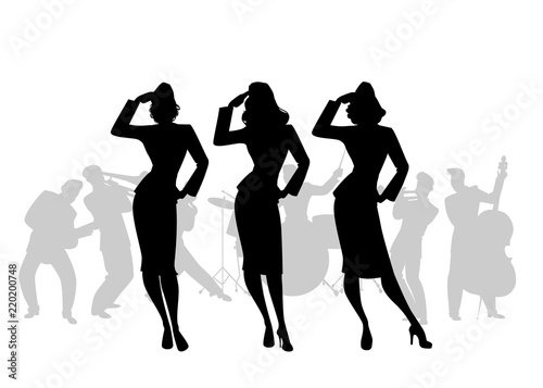 Silhouettes of three army girls in retro style singing, doing military salute. Swing big band on the background