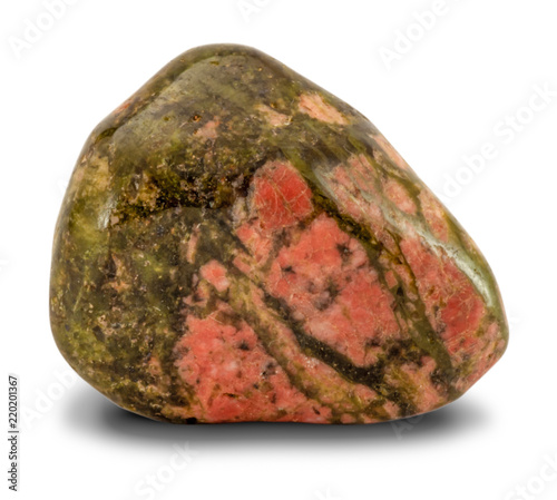 Polished  green-orange color unakite stone isolated on white background photo