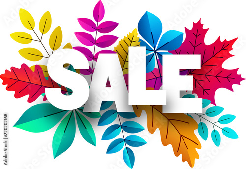 Sale sign. Promo poster with color leaves for shop.