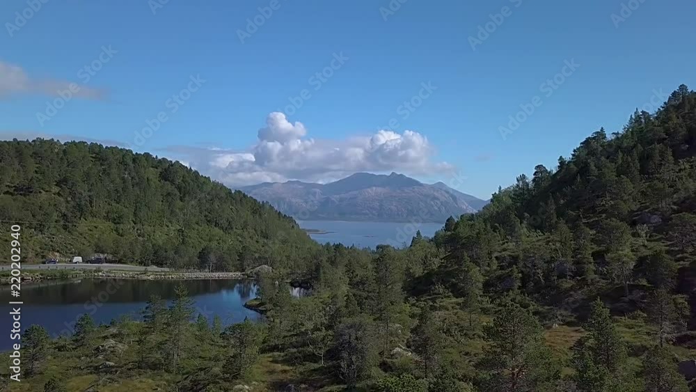 Aerial view of lake, forest and fjord. Beautiful Nature Norway. Lofoten Islands. 4k Aerial view of lake, forest and fjord. Beautiful Nature Norway. Lofoten Islands. 4k