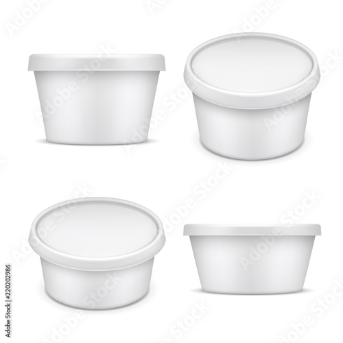 Rounded container. White plastic packaging. Buttermilk and margarine box isolated on white background vector illustration