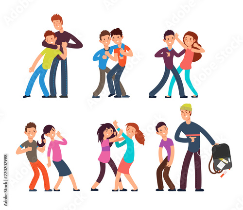 Bullying kids. Stop school bully. Aggressive and sad children. Cartoon fighting teenagers vector characters set