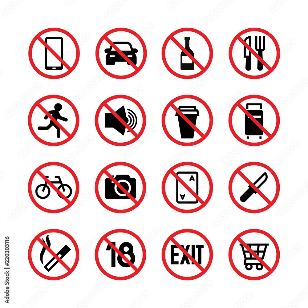 Forbidden signs. Prohibition and warning vector signal isolated icons Forbidden signs. Prohibition and warning vector signal isolated icons