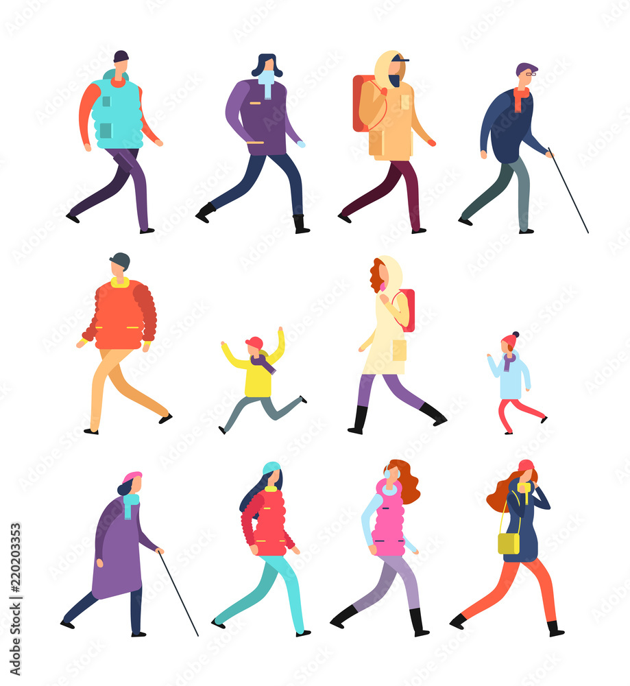 People in winter clothes. Cartoon man and woman, teenagers and children walking in cold season. Vector winter characters set