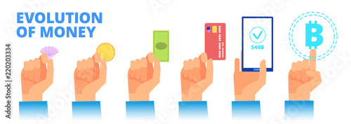 Money evolution. From cow barter to cryptocurrency transition. Vector concept