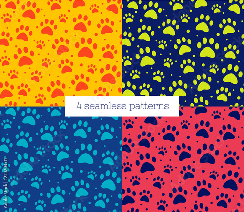 cat or dog paw set seamless patterns. backgrounds for pet shop websites and prints. Animal footprint