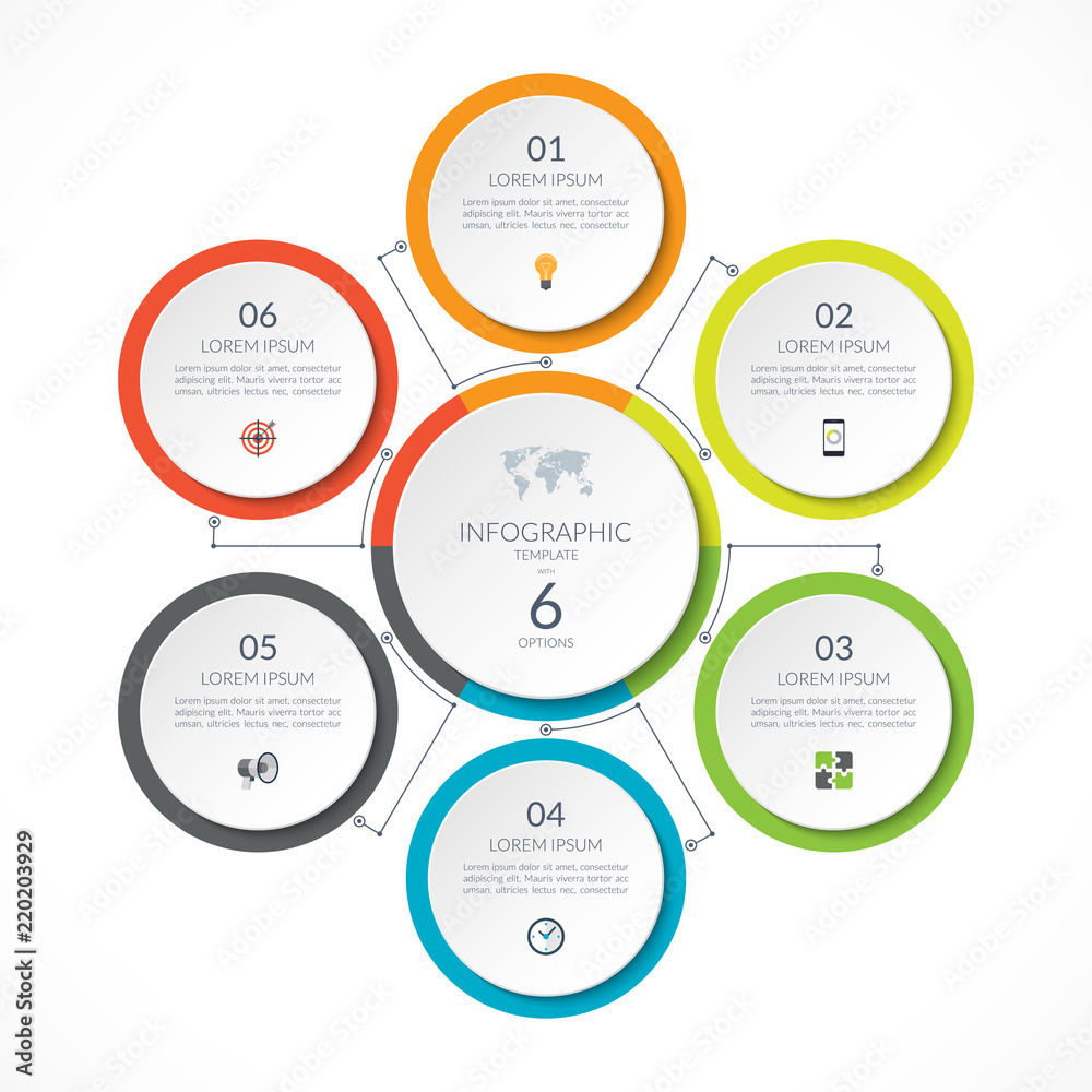 Infographic circle with 6 options. Can be used for graph, diagram, chart, presentation, report, web design. Vector illustration. Infographic circle with 6 options. Can be used for graph, diagram, chart, presentation, report, web design. Vector illustration.