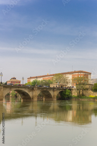 Historic Peidra bridge crossing the Ebro river in Logrono, Spain