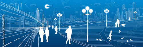 City scene. Car interchange. People walk along the sidewalk. Evening park. Kids are playing. Modern night town on background. Vector design art