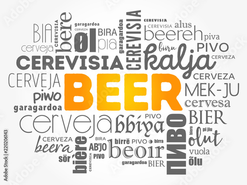 BEER in different languages of the world (english, french, german, etc) Word Cloud collage, multilingual background