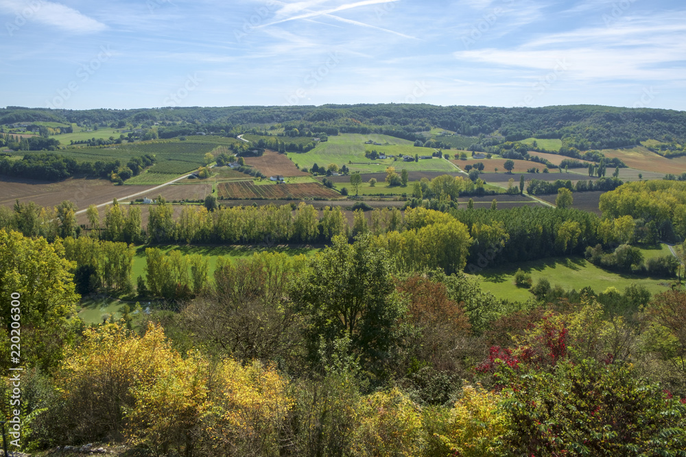 A viewpoint in the municipal garden and war memorial overlooks the rural countryside around Tournon d'Agenais, Lot et Garonne, France