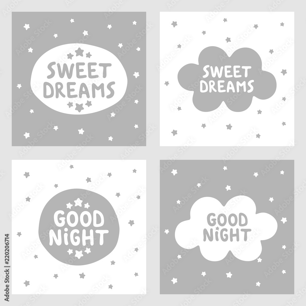 Naklejka premium Sweet dreams and Good night hand drawn vector, greeting cards, posters for baby room, kids and baby t-shirts and wear, nursery illustration