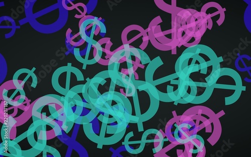 Multicolored translucent dollar signs on dark background. Green tones. 3D illustration