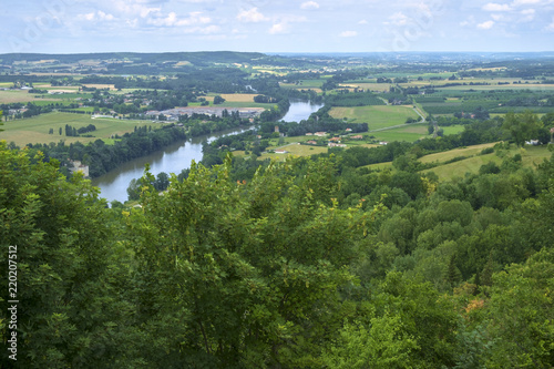 Lot River valley view from the viewpoint on the hilltop of medieval Penne d'Agenaise, Lot-et-Garonne, France.