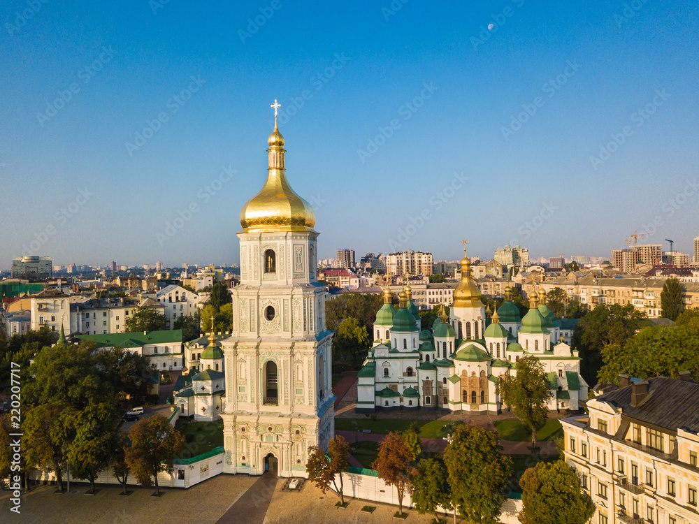 Saint Sophia's Cathedral, square. Kiev (Kiyv) Ukraine with Places of Interest. Aerial drone photo. Sunrise light. Golden domes