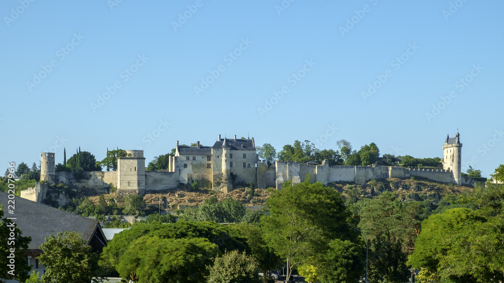 The hilltop chateau at Chinon on a sunny summer evening in Indre-et-Loire, France