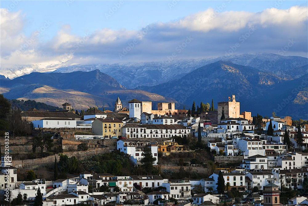 Cityview of Granada Spain and Sierra Nevada mountains