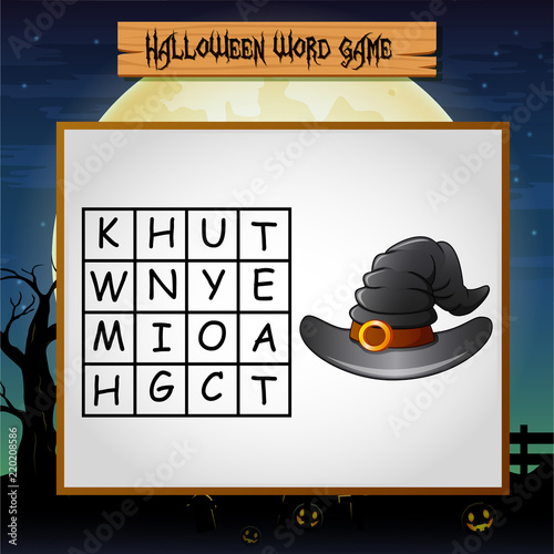 Game halloween find the word of witch hat