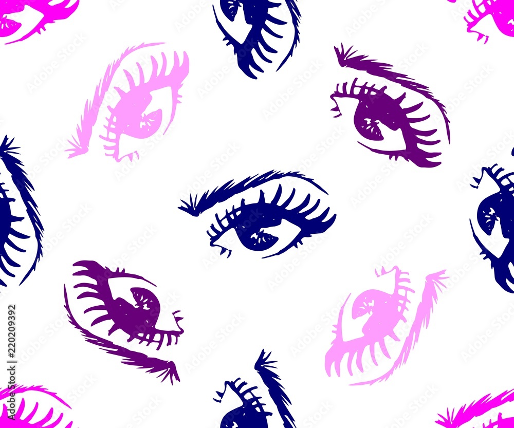Seamless pattern of hand-drawn woman's eyes with shaped eyebrows