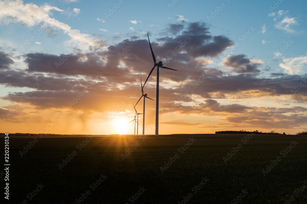 Obraz premium Wind turbine in the field at sunset