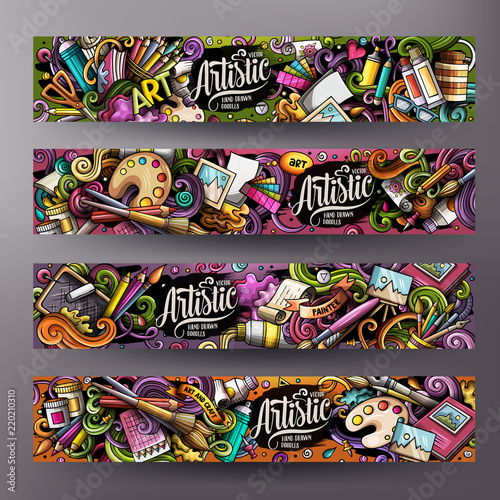 Cartoon cute colorful vector hand drawn doodles Artist banners design