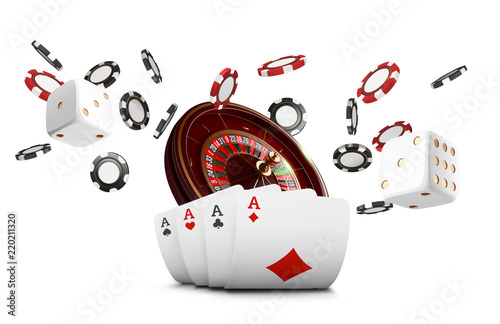 Playing cards and poker chips fly casino. Casino roulette concept on white background. Poker casino vector illustration. Red and black realistic chip in the air. Gambling poker mobile app icon.