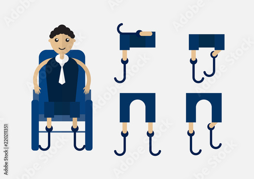 Character design of disable person that is business man with blue cloth on wheel chair.