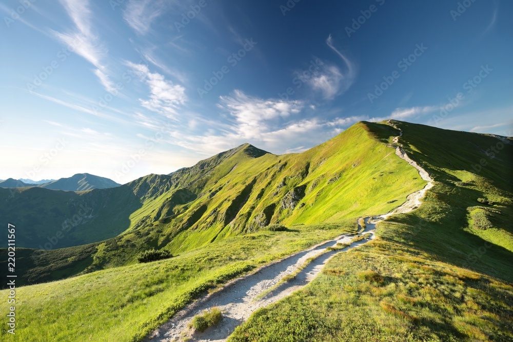 Naklejka premium Trial to the peak in Carpathian Mountains in the morning