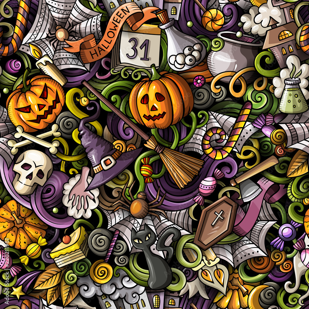 Cartoon cute doodles hand drawn Halloween seamless pattern