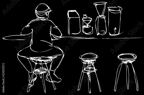 vector sketch of a young man on a stool at the bar counter