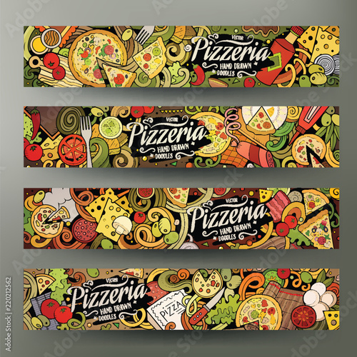 Cartoon cute colorful vector hand drawn doodles Pizzeria banners