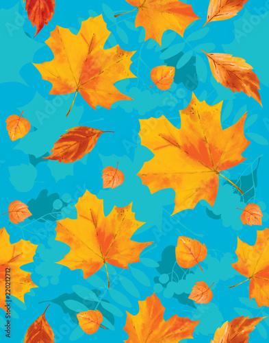  Seamless pattern, maple leaves on a blue background. It will be a beautiful bright autumn print.