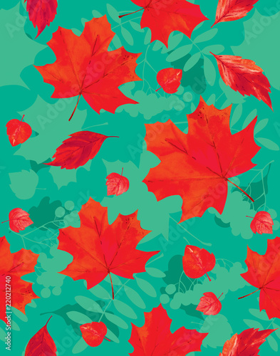  Seamless pattern, silhouettes of maple leaves on a green background.
