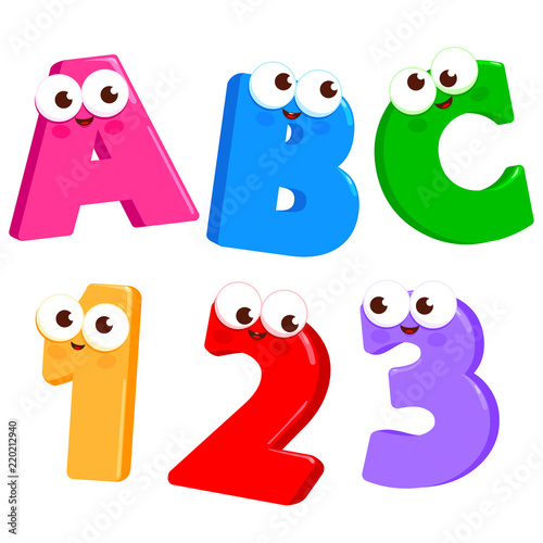 Cartoon Letters ABC and numbers 123 with cute and funny faces. Vector illustration