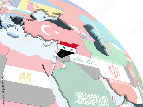 Syria with flag on globe © harvepino