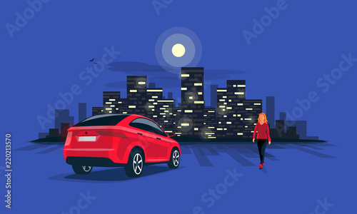 Vector illustration of a red car suv parking on the street at night with young woman walking silhouette. Dark city building lights skyline illustrated in the blue road background. 