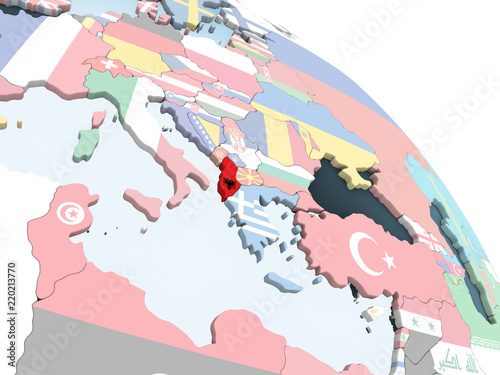 Albania with flag on globe