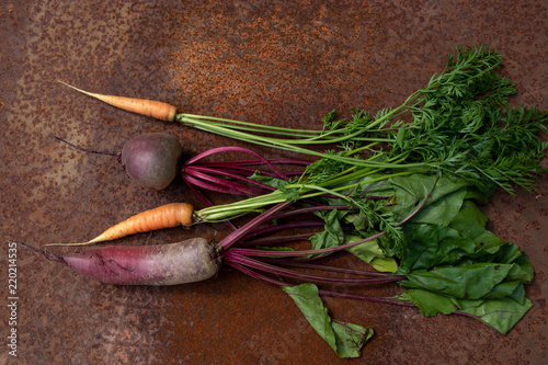 Raw beetroots and carrots from new harvest on rusty melallic surface background