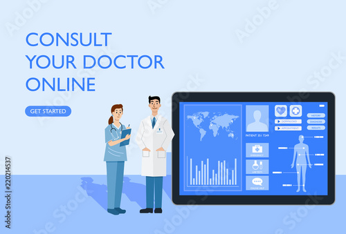 Digital health concept, Illustration of doctor and nurse using a tablet for consulting patient online, Vector