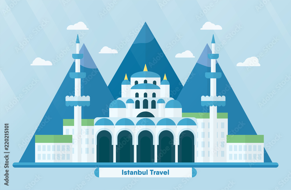 Turkey landmarks for travelling with Hagia Sophia in Istanbul and mountain. Vector illustration with copy space and flare of light on blue background.