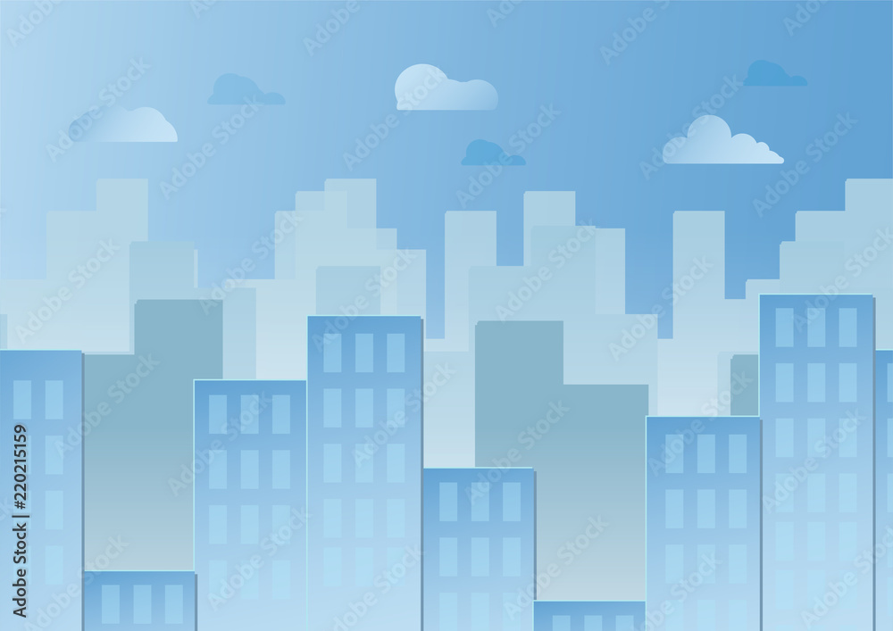 Blue sky with cloud and urban buildings. Vector illustration design in paper cut and flat.