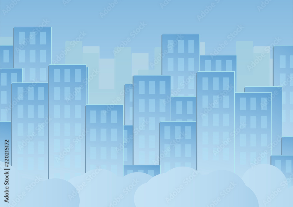 Obraz premium Blue sky with cloud and urban buildings. Vector illustration design in paper cut and flat.