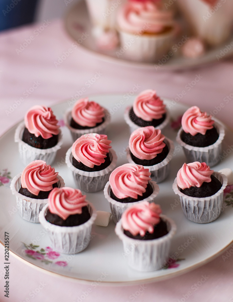  Beautiful desserts are pink. Mini-cakes and marshmallows, meringues