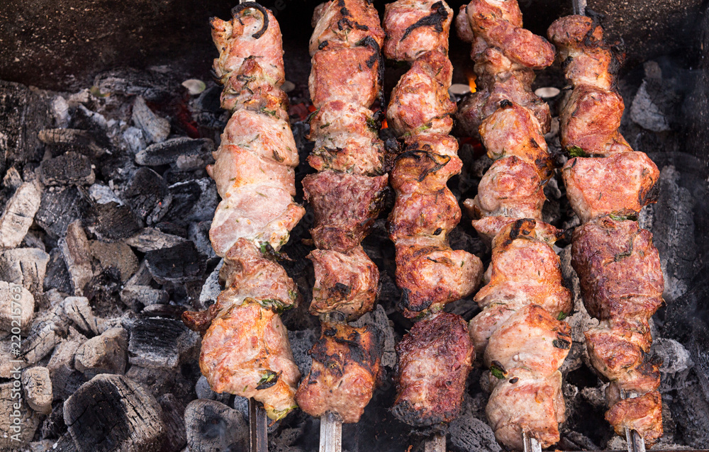 Fried meat on coals. Grill shish kebab. Barbecue pork on skewer Fried meat on coals. Grill shish kebab. Barbecue pork on skewer